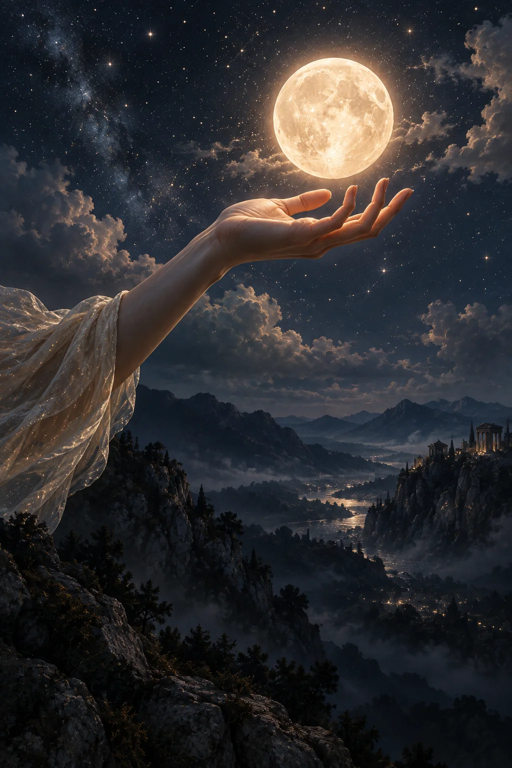 A hand holding a luminous moon