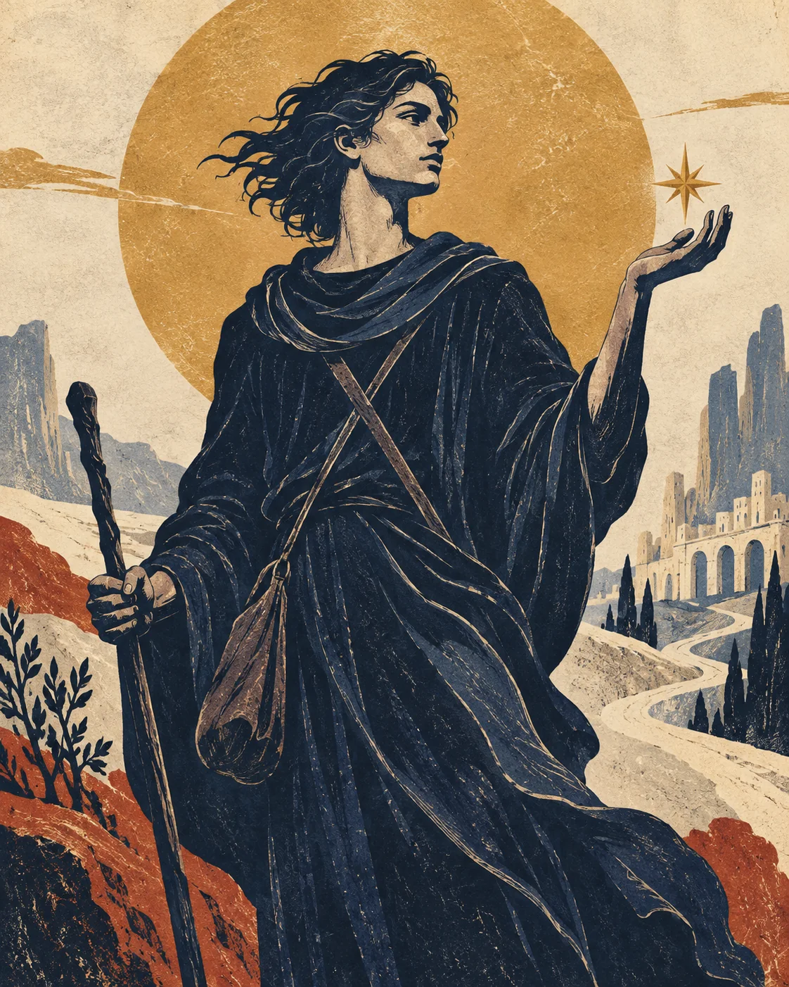 A traveler in a mythic landscape